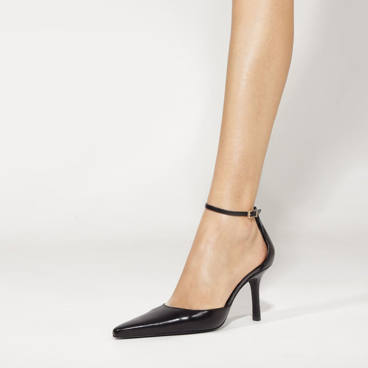 Black Vegan Leather Pointed-Toe Chic Ankle Strap Slip-On High Heels