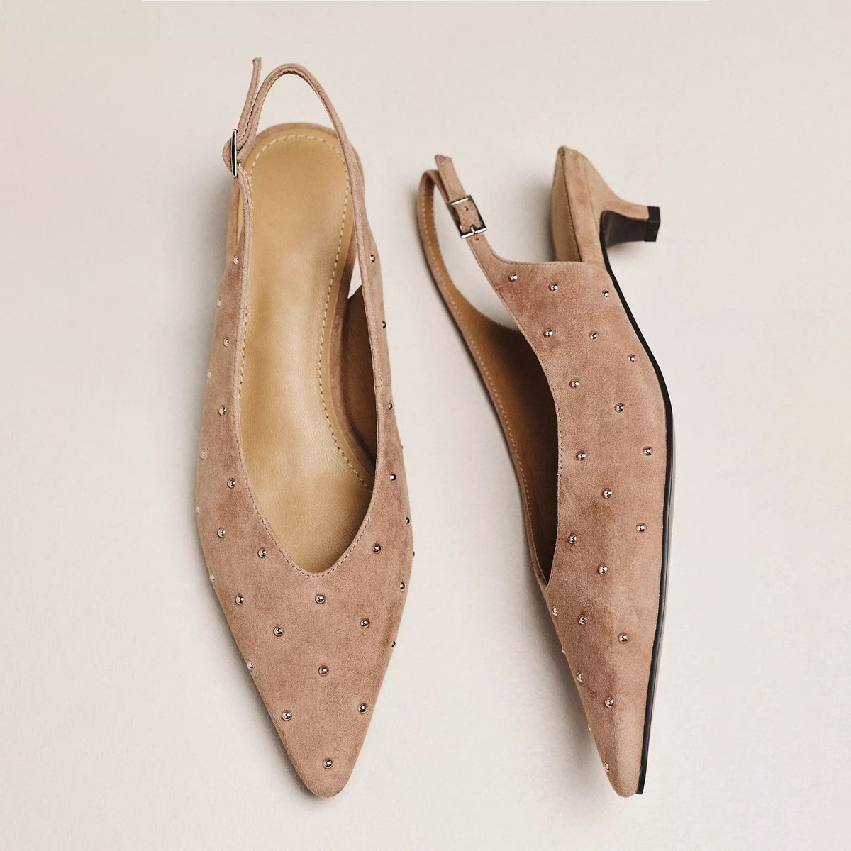 Taupe Faux Suede Pointed-Toe Full Tiny Studs Back Strap Kitten Heels