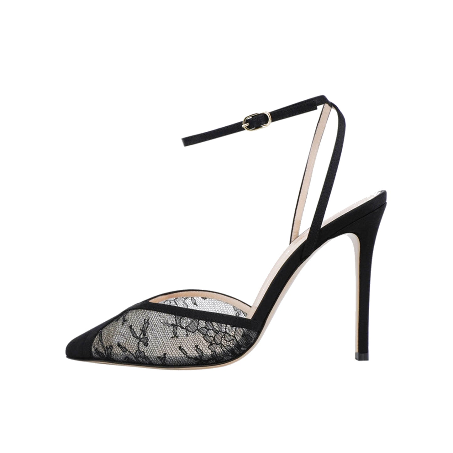 Black Lace Mesh And Satin Pointed-Toe Ankle Strap Classic High Heels