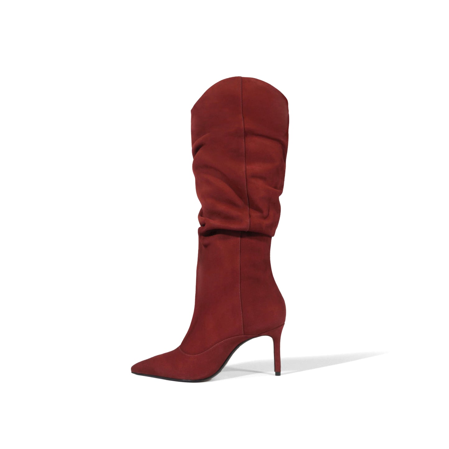 Red Brown Faux Suede Pointed-Toe Slouch Wide Calf Knee High Stiletto Boots