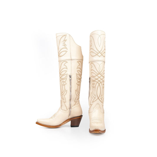 White Snip-Toe Half-Zip Western Embroidery Knee High Cowgirl Boots.