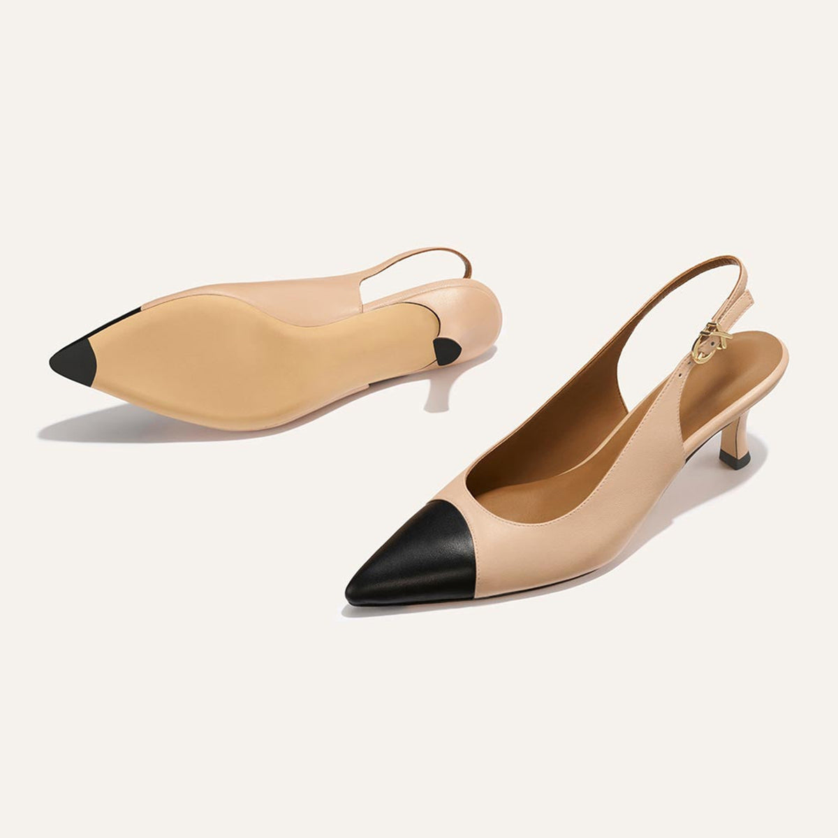 Beige And Black Pointed-Toe Chic Back Strap Kitten Heels