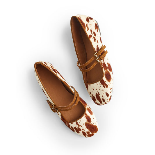 Cow Print Pony Hair Square-Toe Double Buckle Bridge Strap Flats