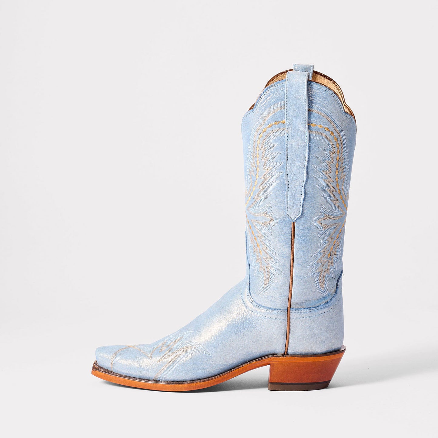 Metallic Blue Snip-Toe Western Embroidery Mid Calf Chic Cowgirl Boots