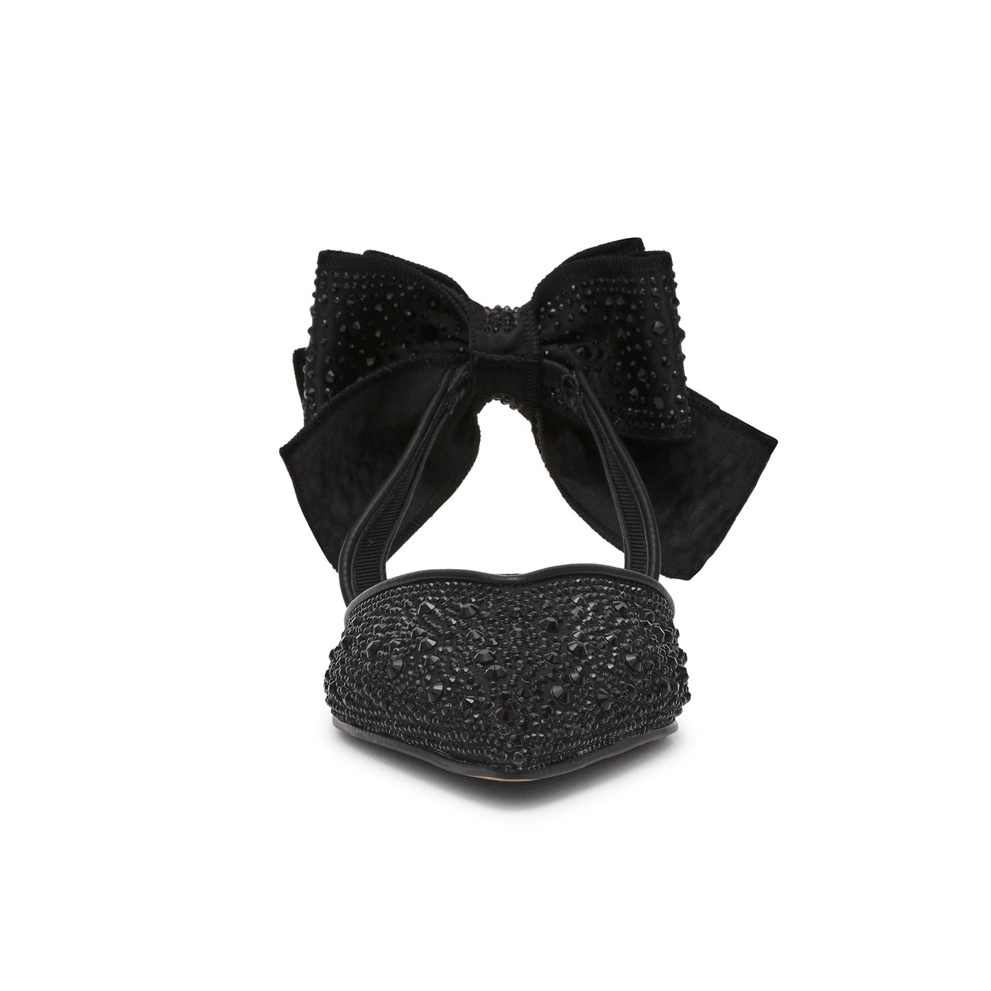 Black Satin Pointed-Toe Slingback Back Bow Rhinestone Flats