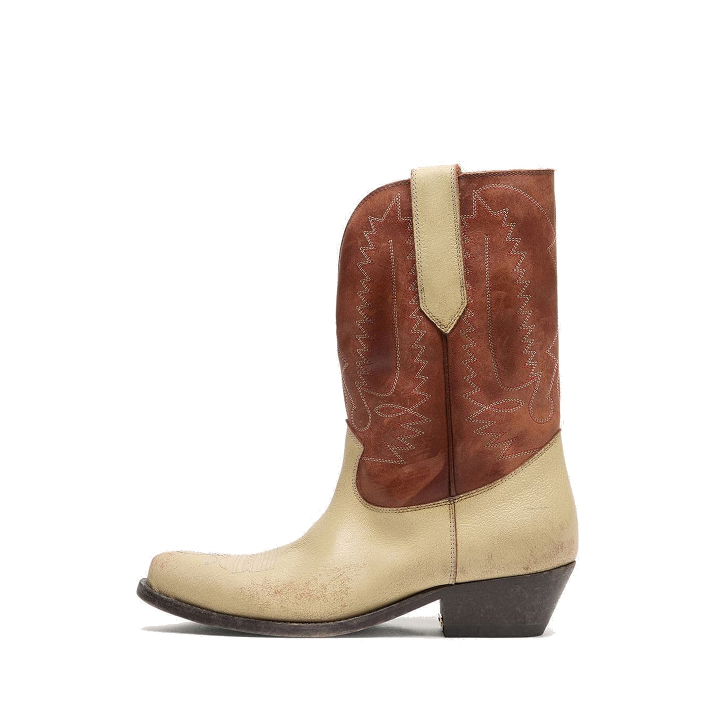 Contrast Brown And Beige Snip-Toe Chic Embroidery Mid Calf Cowgirl Boots