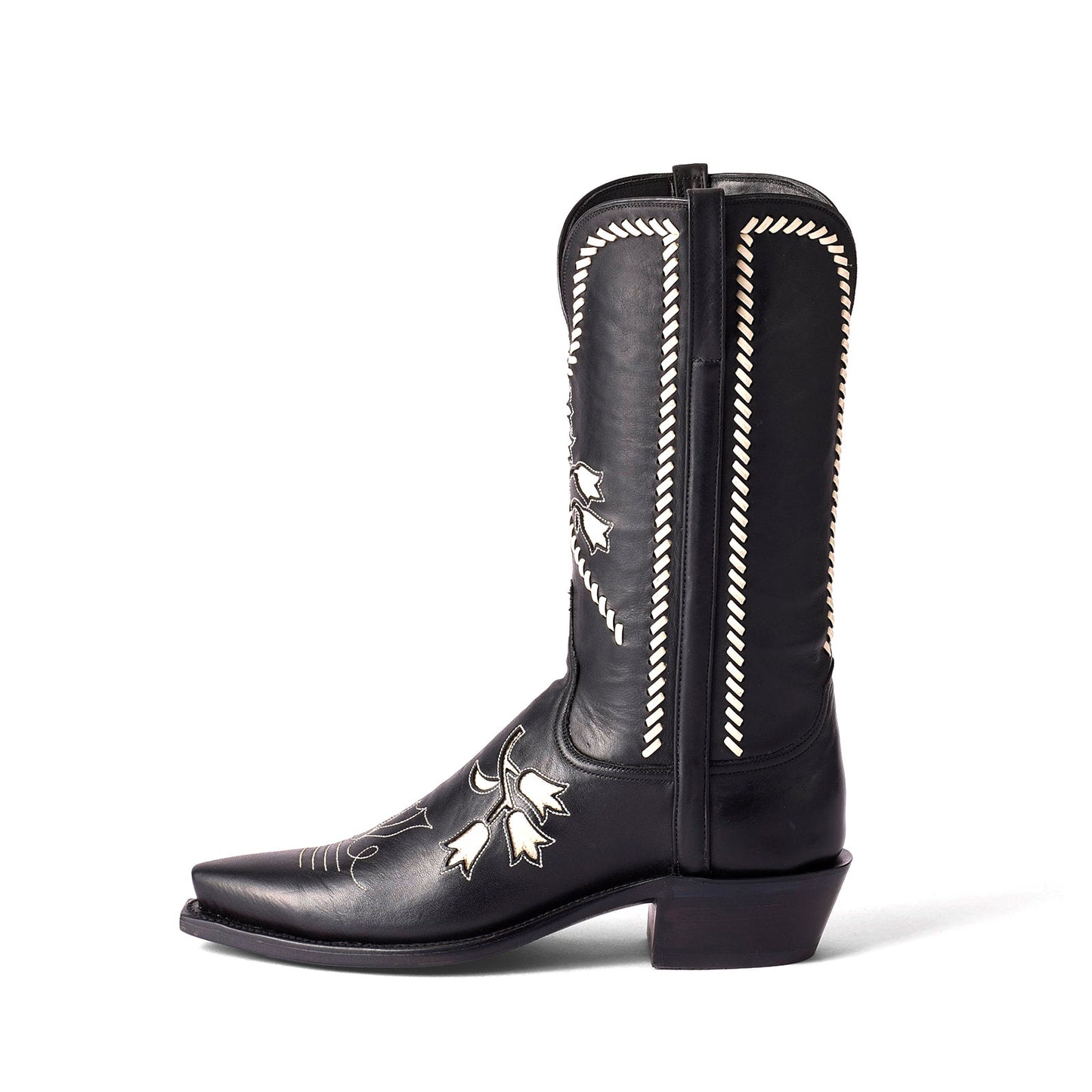 Black Snip-Toe Little Tulips Inlay And Running Stitch Mid Calf Cowgirl Boots