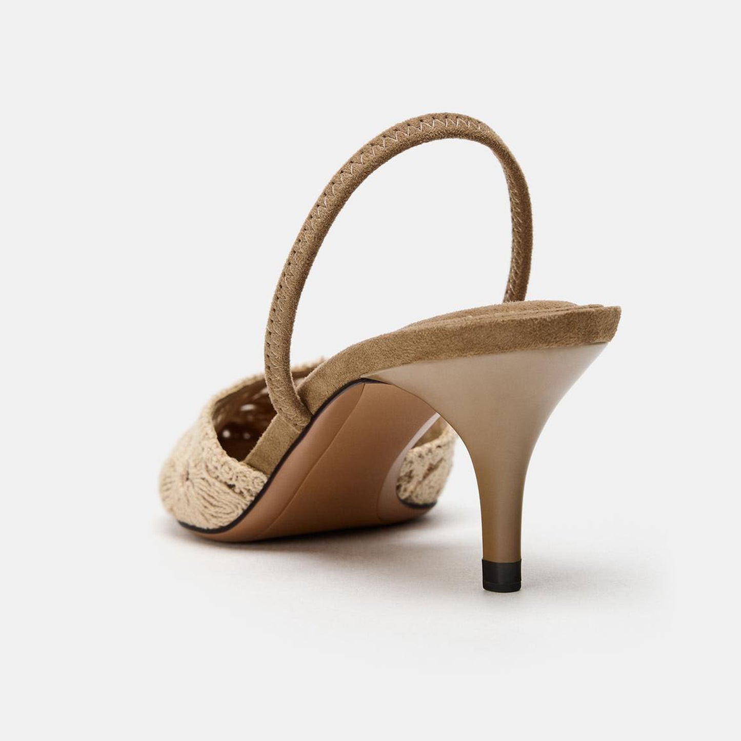 Beige Wool Weaving Pointed-Toe Flowers Pattern Slingback Kitten Heels