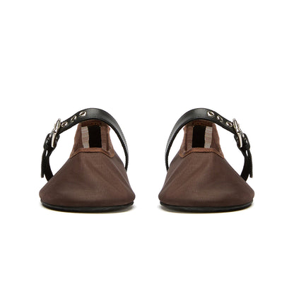 Chocolate Mesh Round-Toe Ballet Flats With Bridge Strap