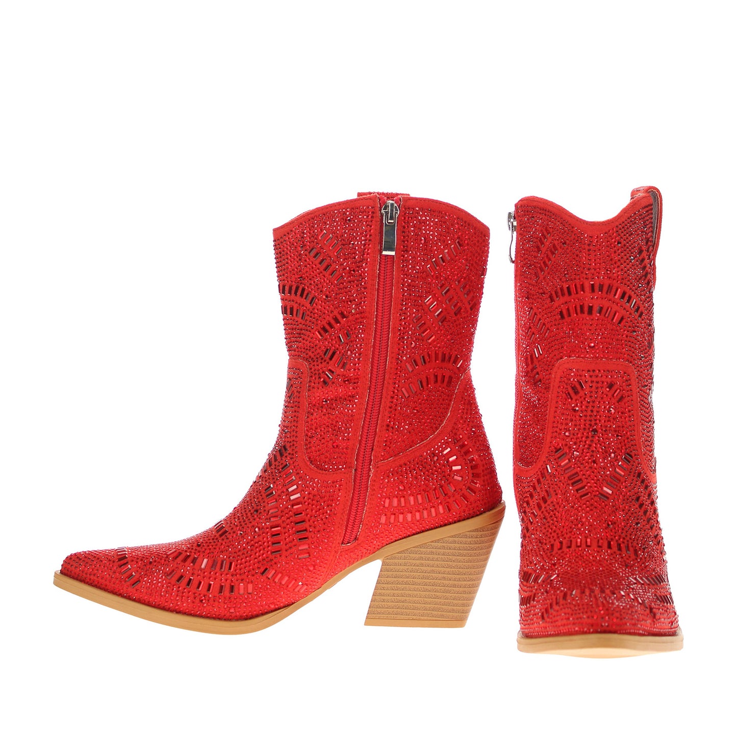 Red Faux Suede Pointed-Toe Full Crystals Full-Zip Ankle Cowgirl Boots