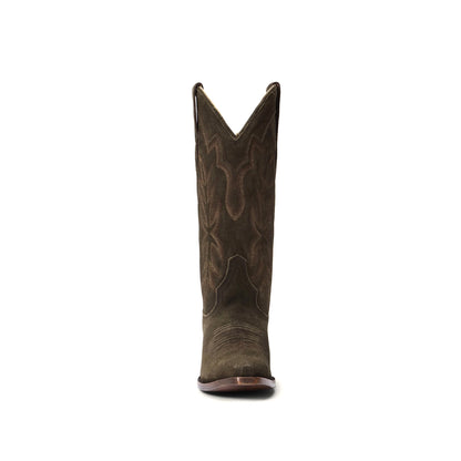 Olive Green Faux Suede Snip-Toe Embroidery Mid Calf Cowgirl Boots