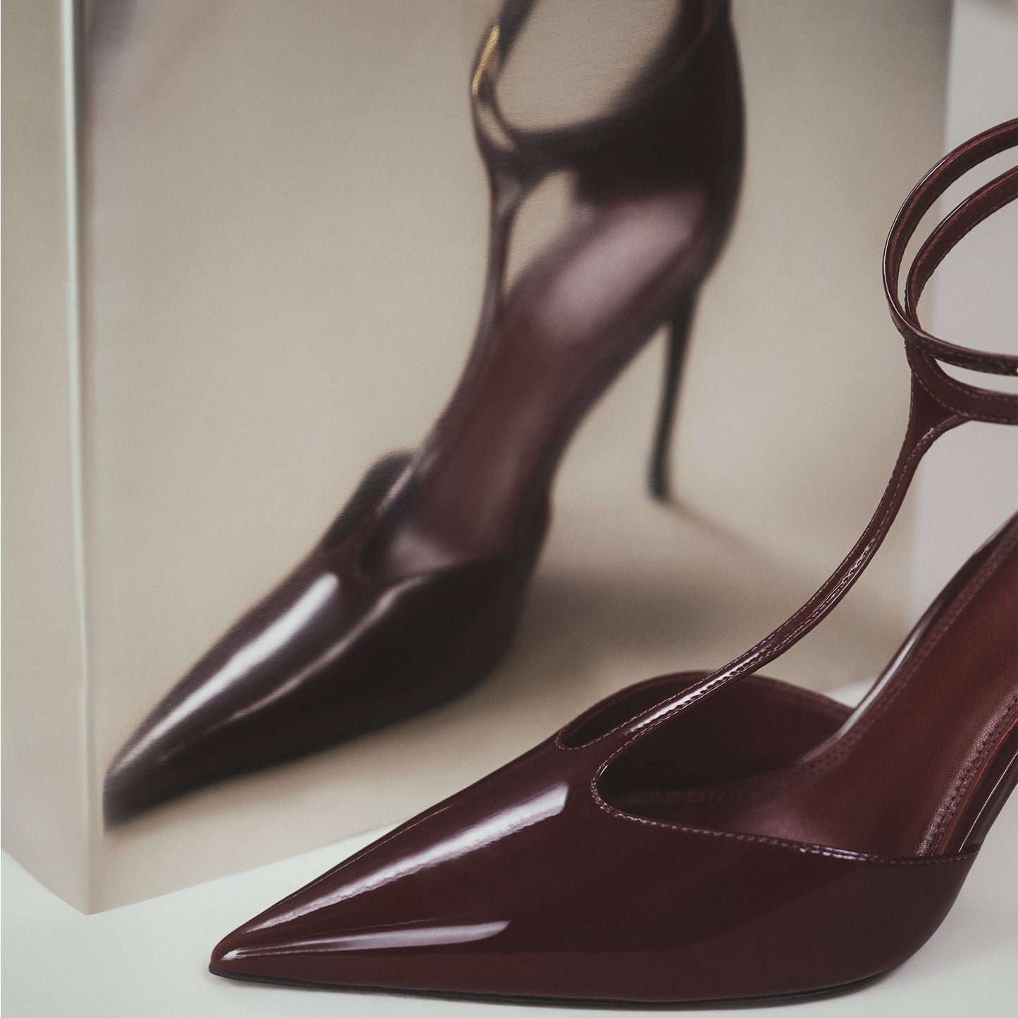 Patent Burgundy Pointed Toe Ankle Strap With Buckle High Stiletto Heel