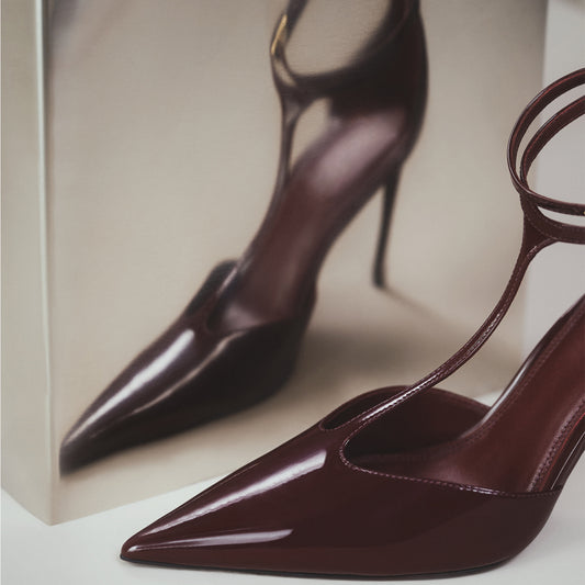 Patent Burgundy Pointed Toe Ankle Strap With Buckle High Stiletto Heel