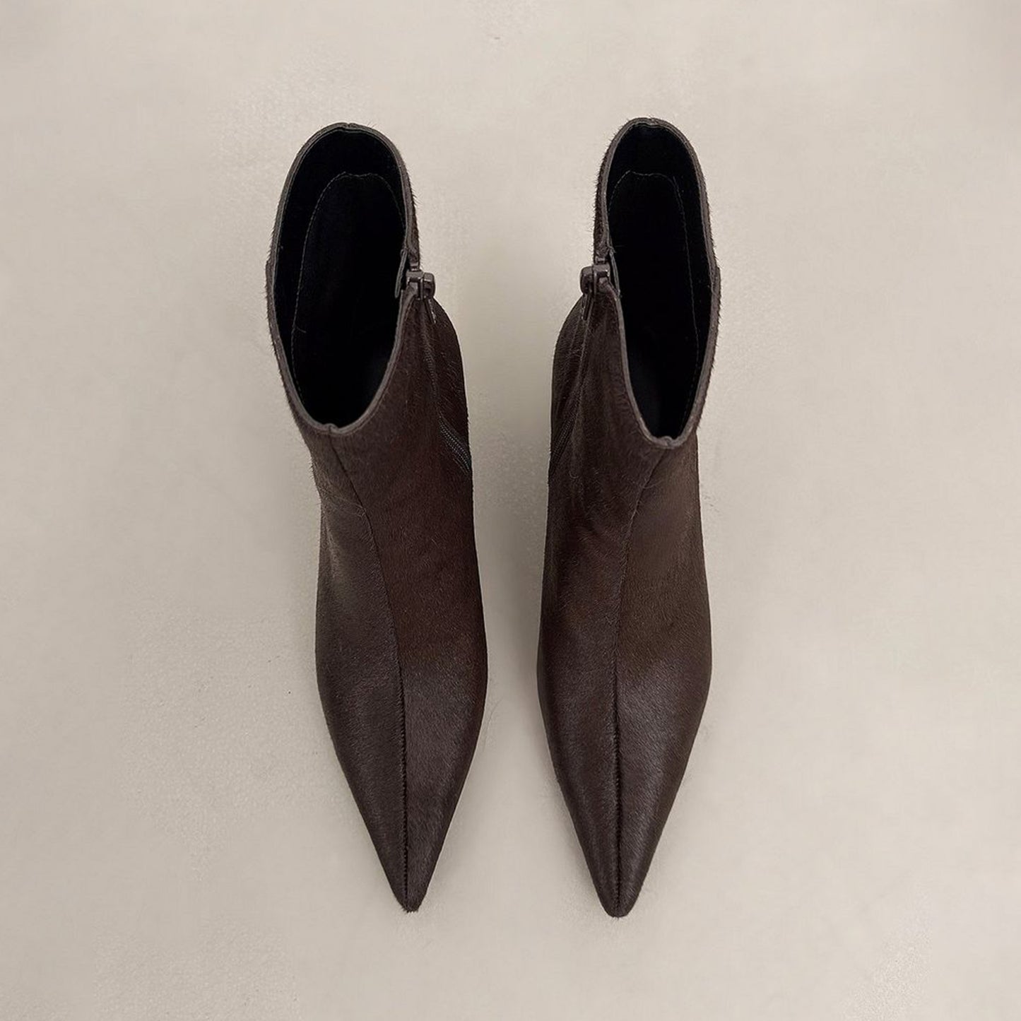 Brown Pony Hair Vegan Leather Pointed-Toe Full-Zip Ankle Stiletto Boots