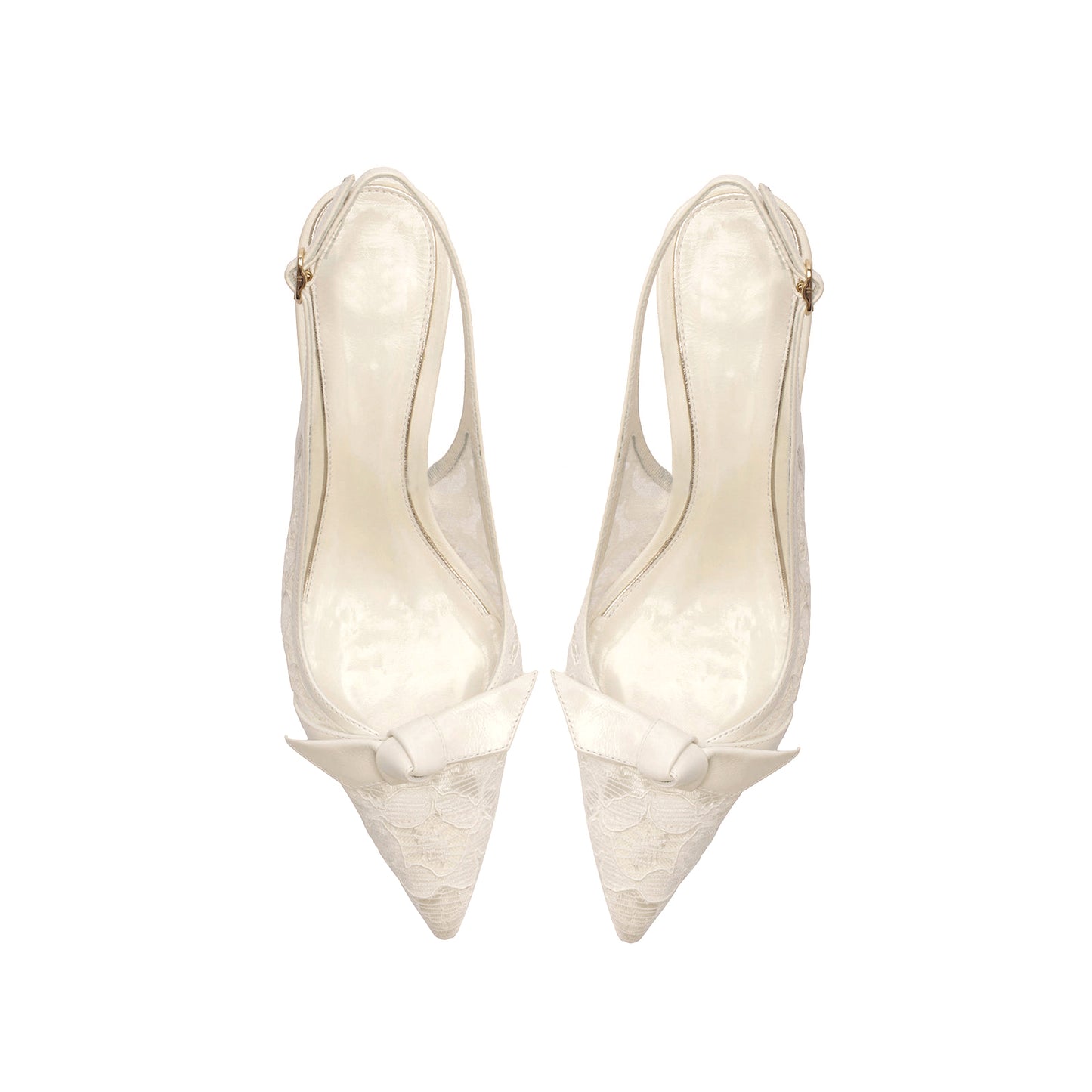 White Lace Mesh Pointed-Toe Front Knot Slingback Kitten Heels