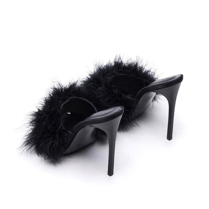 Black Pointed-Toe Front Plush Slip-On High Heels