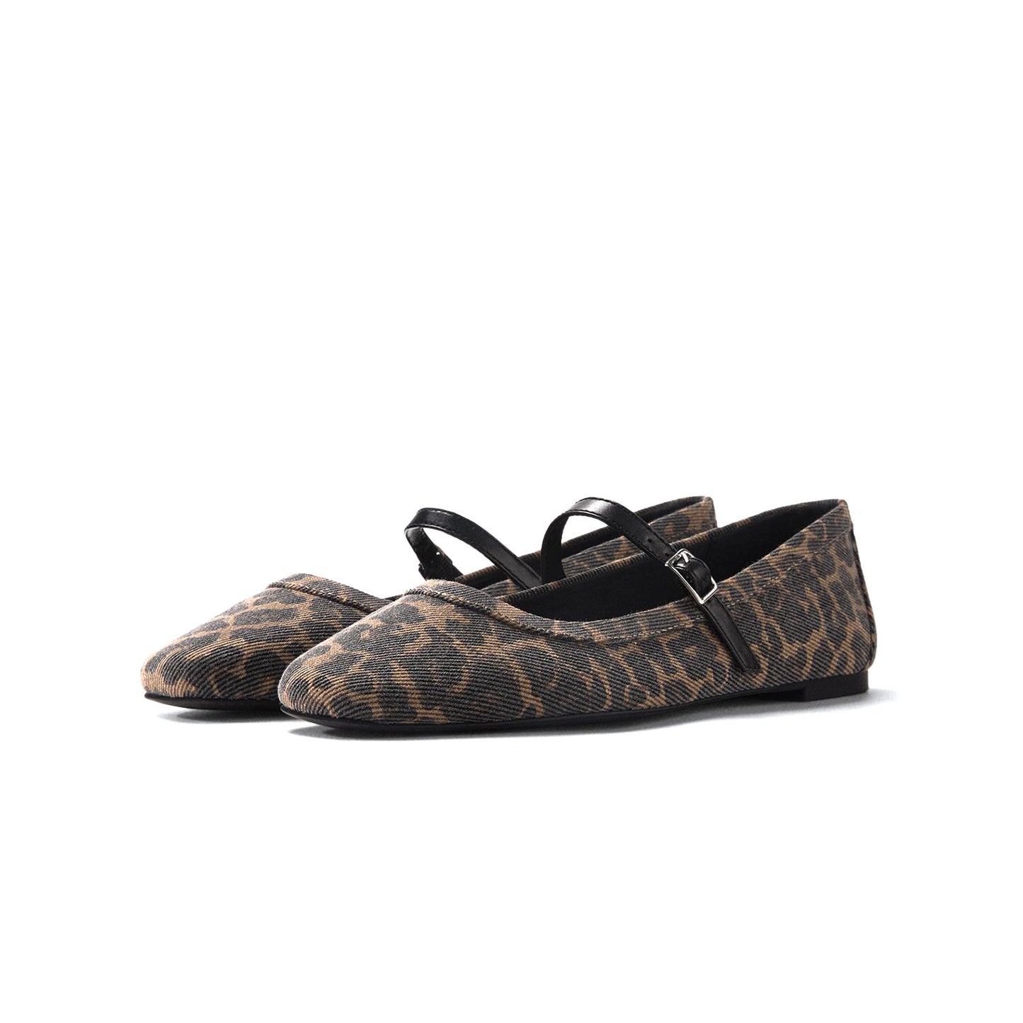 Leopard Pattern Denim Square-Toe Mary Jane Ballet Flats