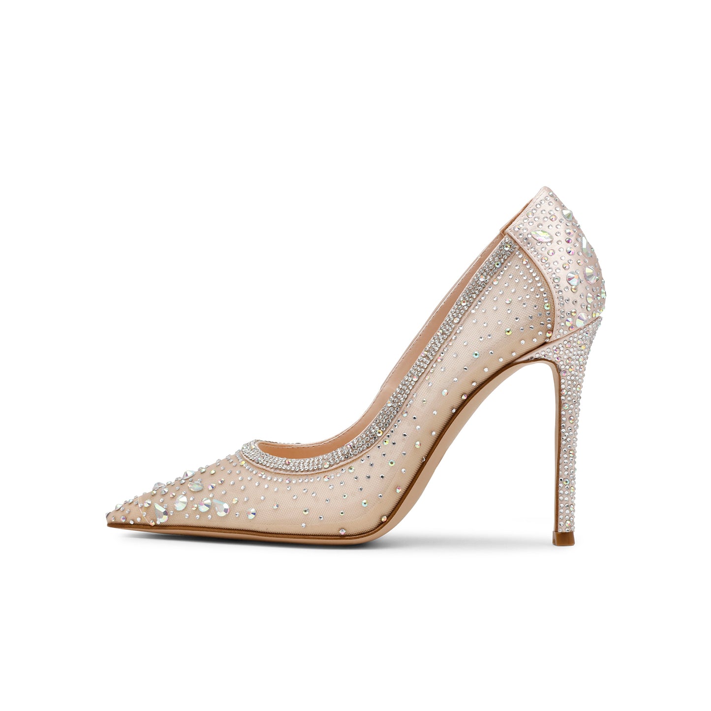 Champagne Mesh Pointed-Toe Crystals Slip-On High Heels Pumps