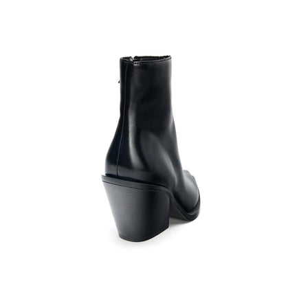 Black Pointed-Toe Full-Zip Simple Ankle Cowgirl Boots