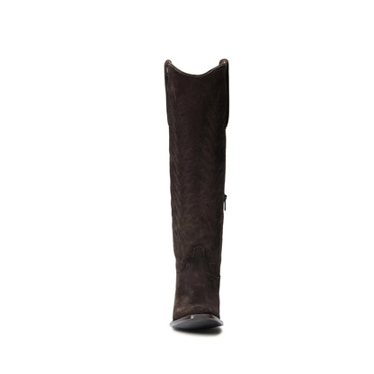 Brown Faux Suede Square-Toe Simple Embroidery Half-Zip Tall Knee High Cowgirl Boots