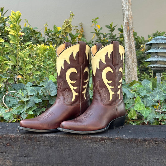 Brown Snip-Toe Cream Inlay Embroidery Mid Calf Cowgirl Boots