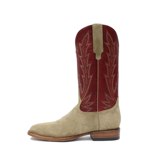 Contrast Red And Sand Square-Toe Embroidery Mid Calf Cowgirl Boots