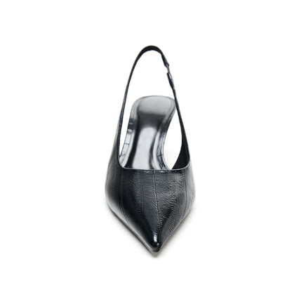 Black Pointed-Toe Slingback Simple Kitten Heels