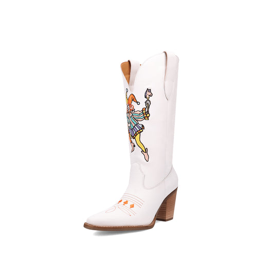 White Snip-Toe Joker Embroidery Mid Calf Cowgirl Boots