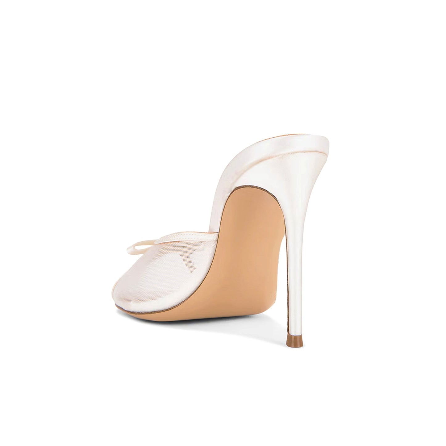 White Mesh Satin Round-Toe Front Bow Backless High Heels