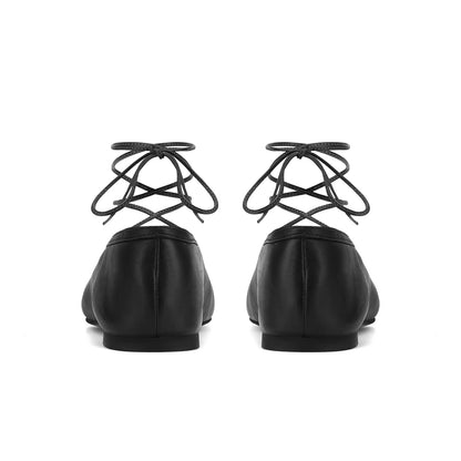 Black Vegan Leather Round-Toe Ankle Lacing Detail Lace-Up Flats