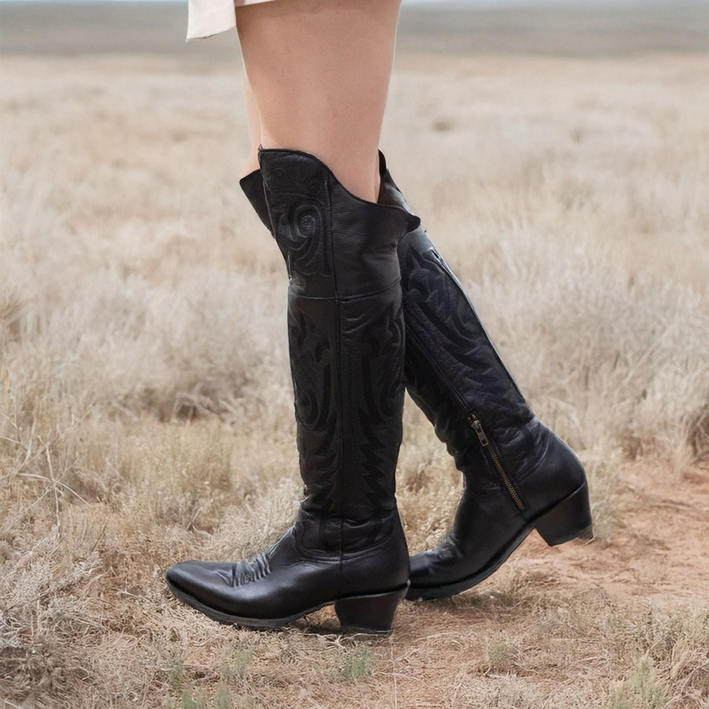 Black Snip-Toe Embroidery Half-Zip Knee High Cowgirl Boots