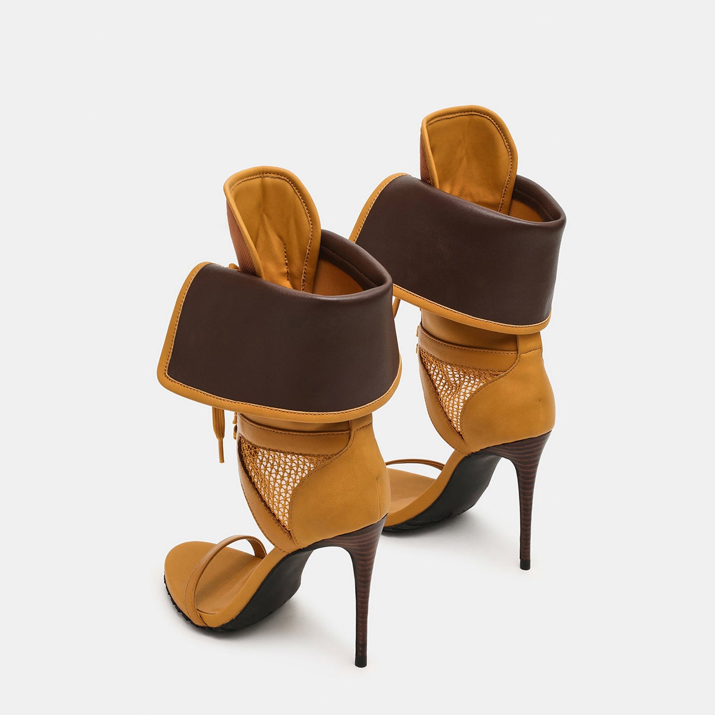 Wheat Open Round-Toe Mesh And Lace-Up Shaft Back Design Stiletto High Heels