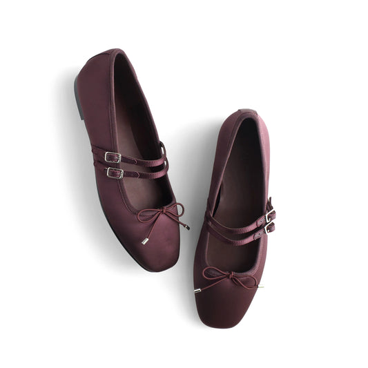 Dark Purple Satin Square-Toe Double Bridge Strap Front Bow Ballet Flats