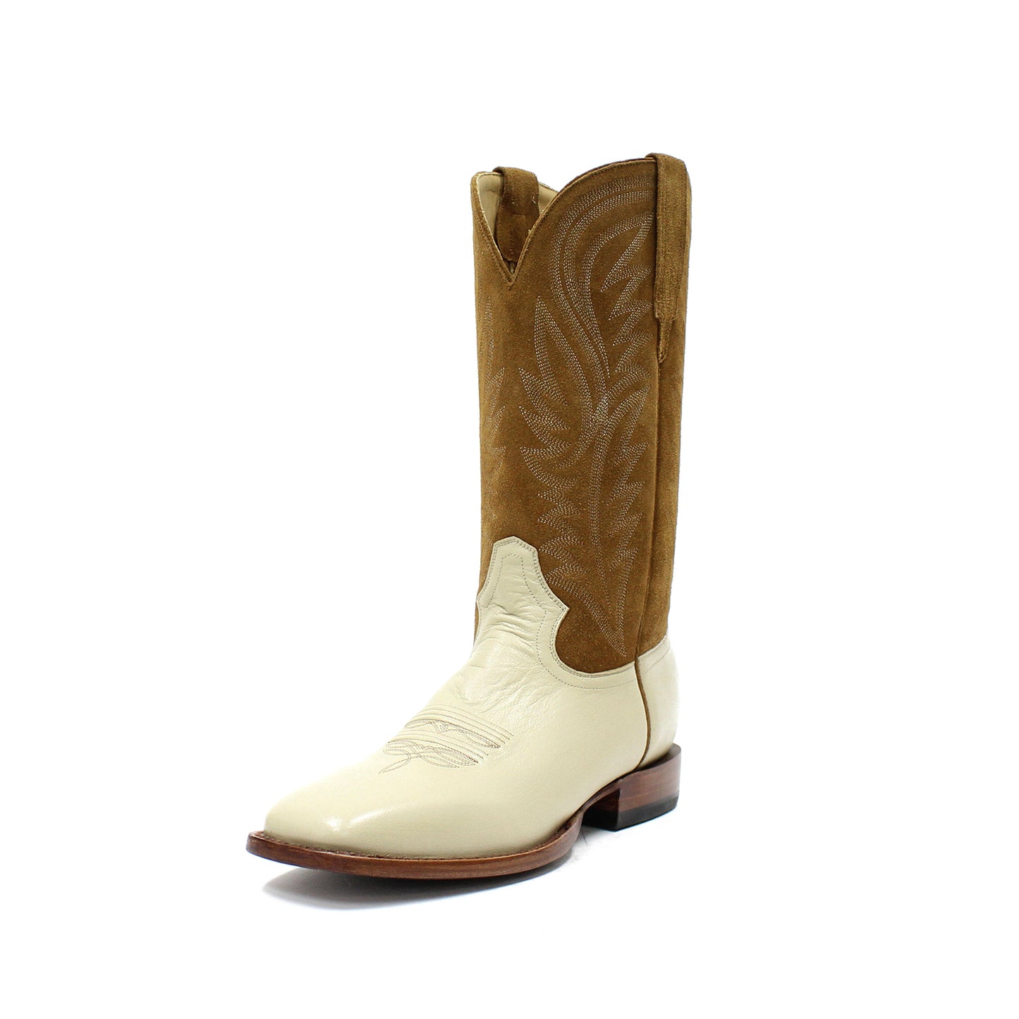 Contrast Brown And Bone Square-Toe Embroidery Mid Calf Cowgirl Boots