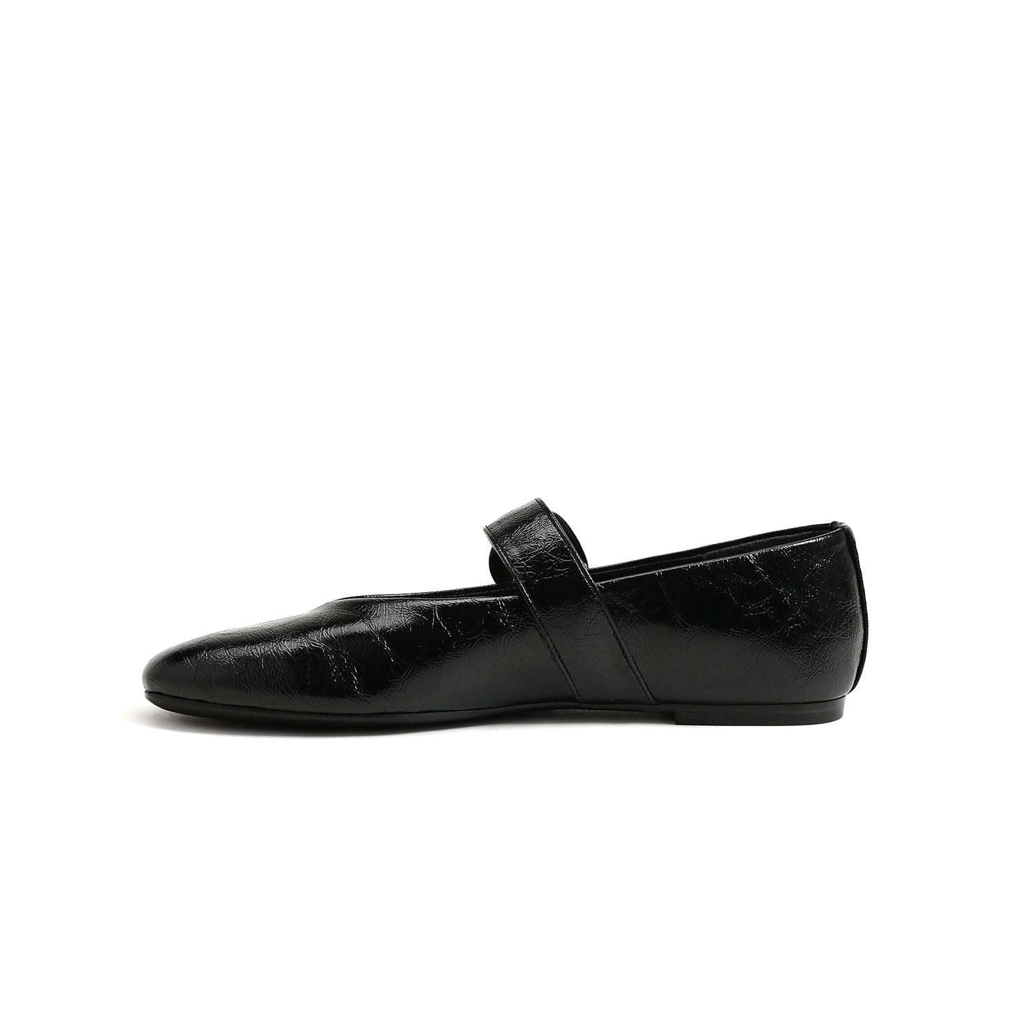Black Vegan Leather Square-Toe Buckle Bridge Strap Ballet Flats
