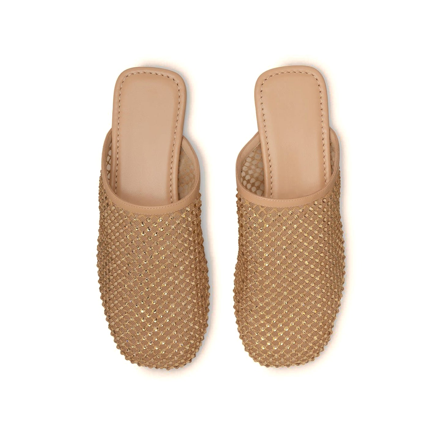 Beige Mesh With Rhinestones Square-Toe Backless Flats