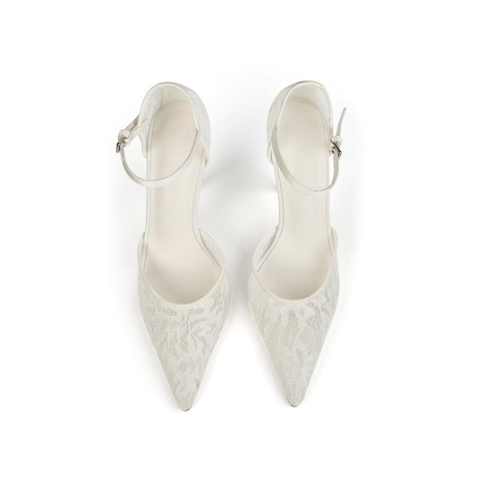 Ivory Lace Mesh Pointed-Toe Satin Ankle Strap High Heels