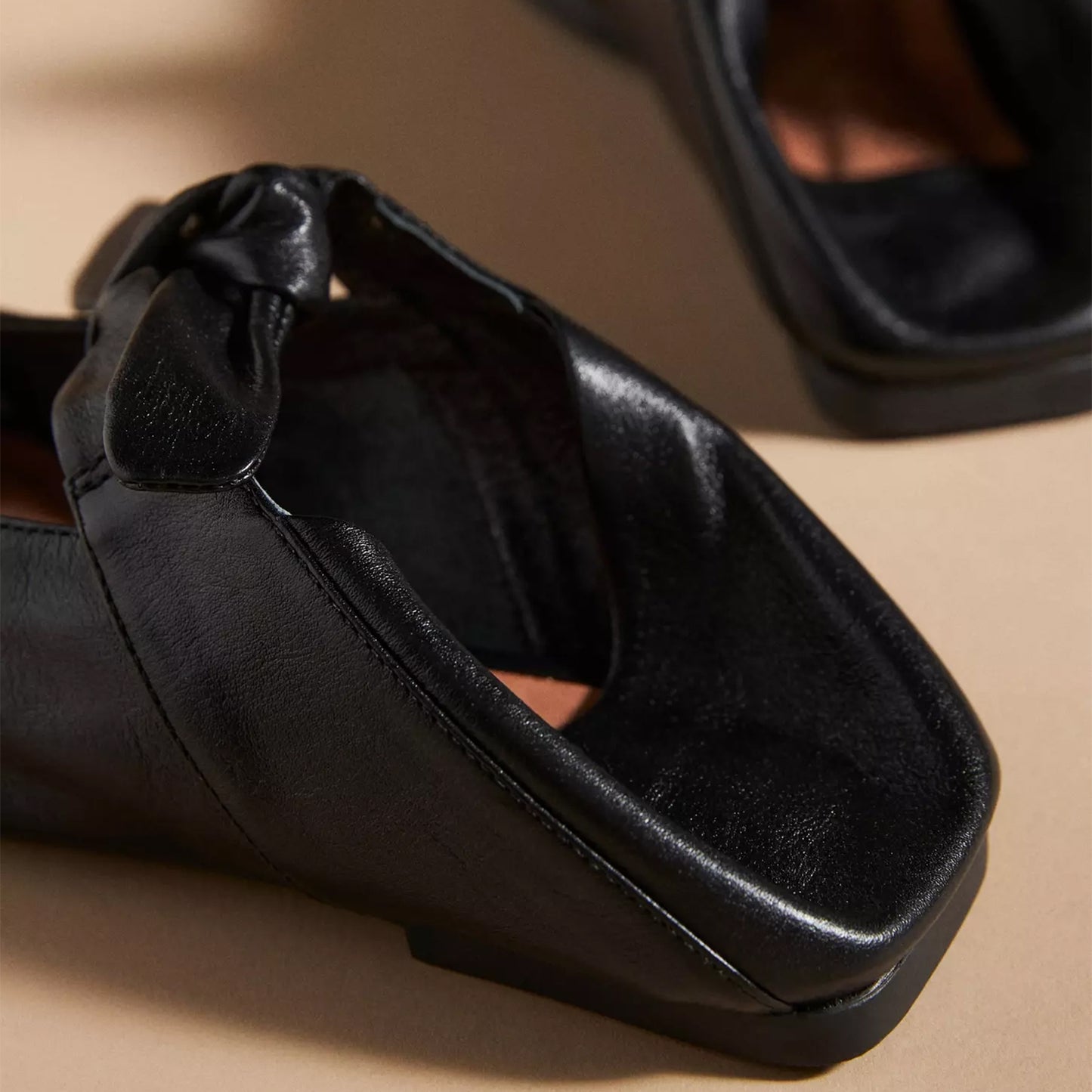 Black Square-Toe Center Lace-Up Ballet Flats