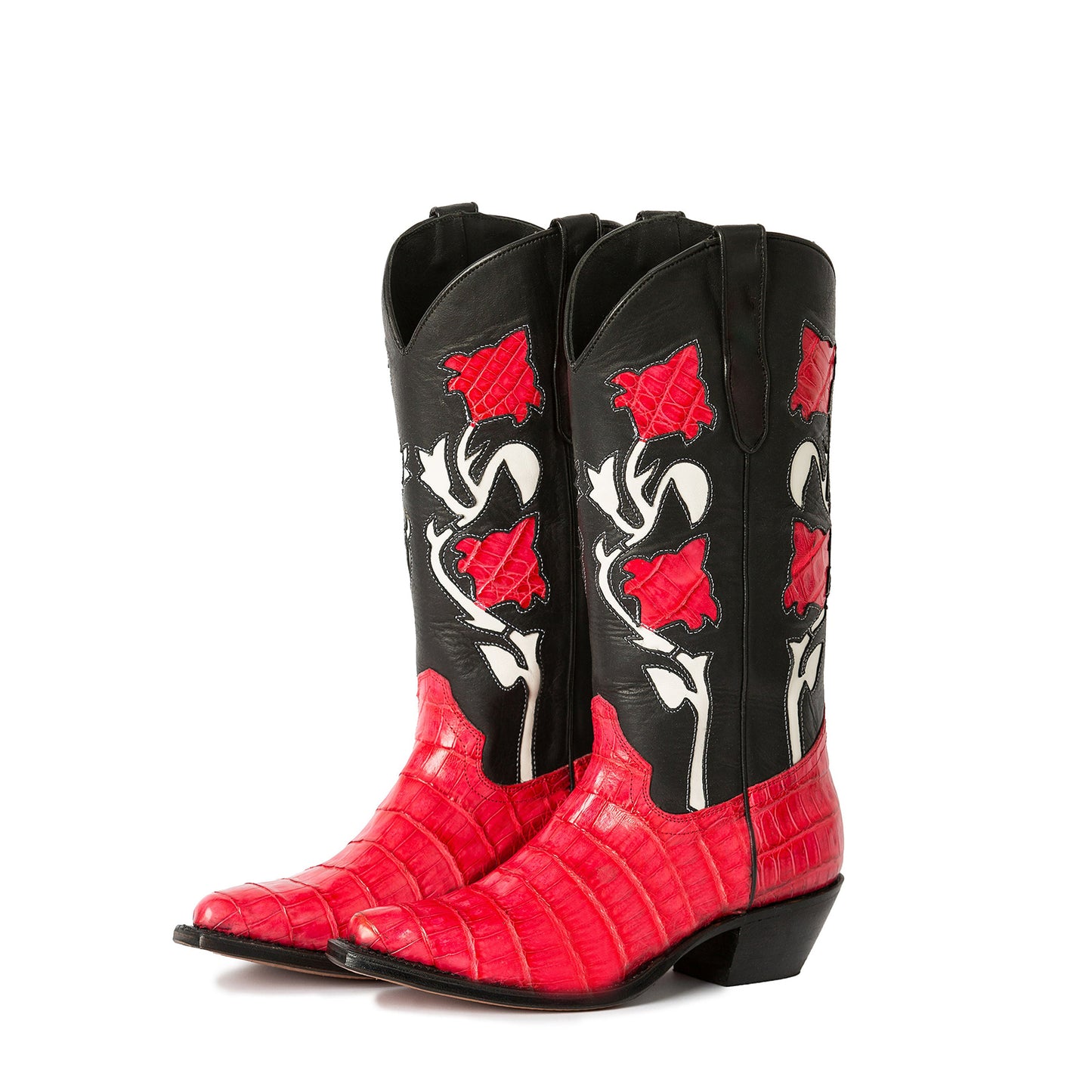 Black Almond-Toe Flowers And Crocodile Print Appliques Mid Calf Cowgirl Boots