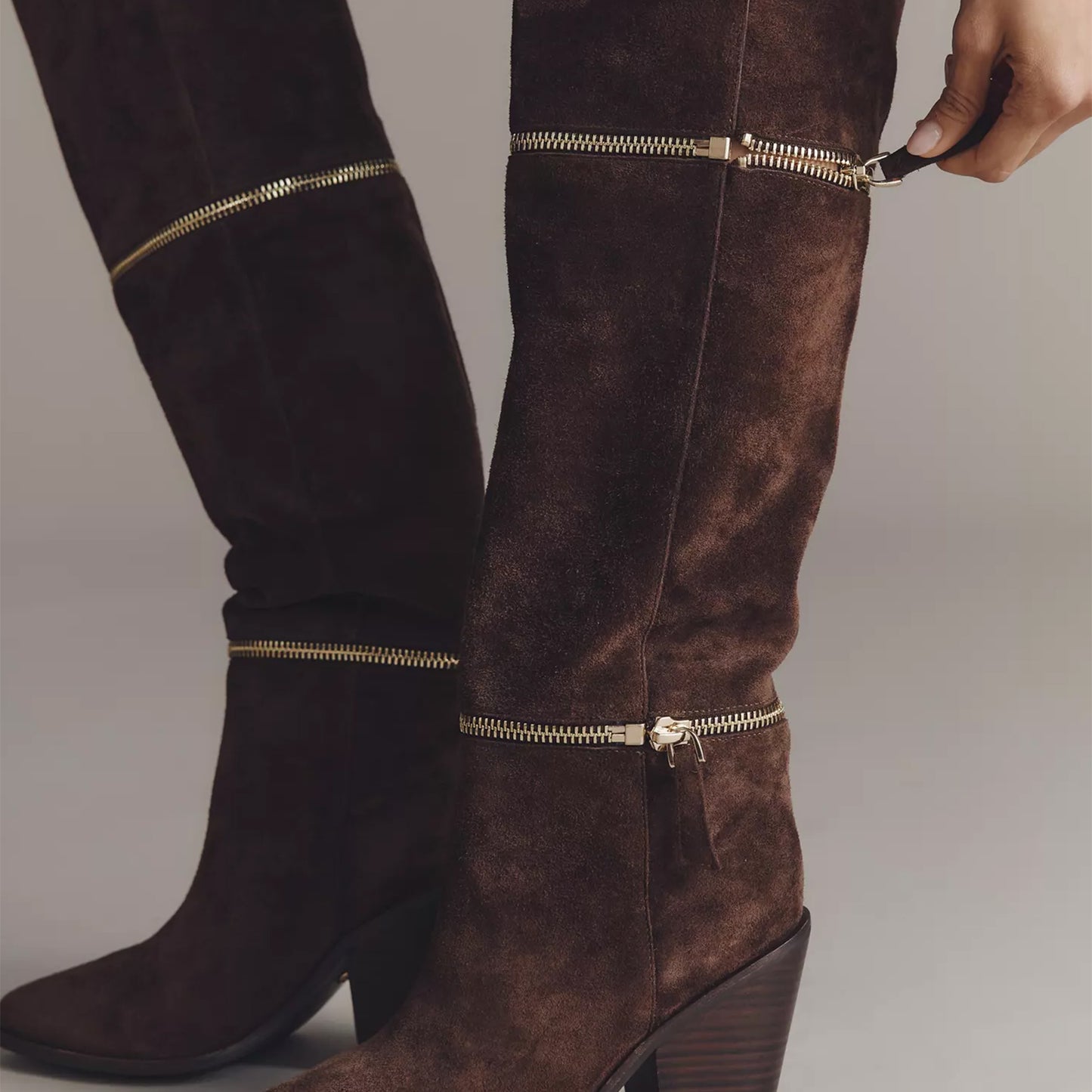 Chocolate Faux Suede Round-Toe Round Zipper Wide Calf Over-The-Knee Cowgirl Boots