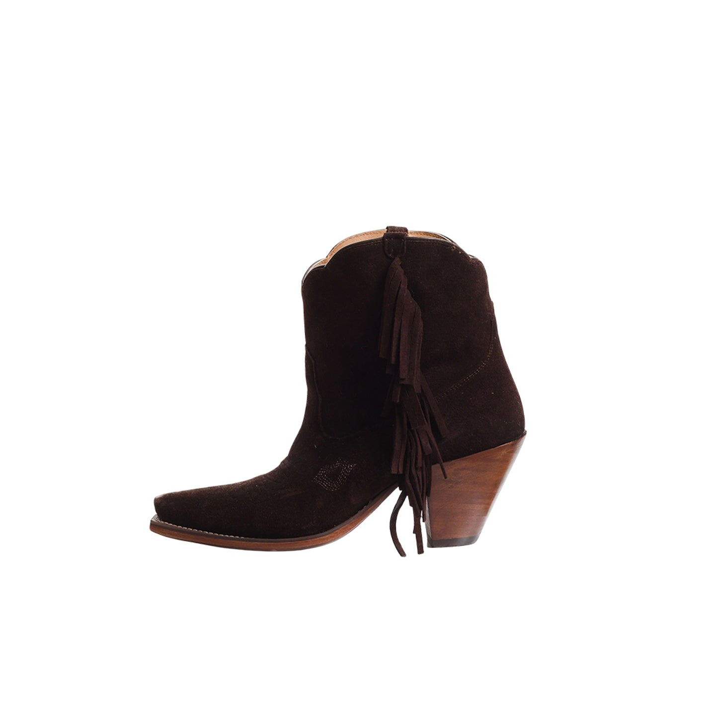 Chocolate Faux Suede Snip-Toe Side Fringe Ankle Cowgirl Boots