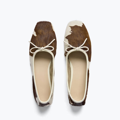 Cow Print Pony Hair Square-Toe Front Bow Ballet Flats