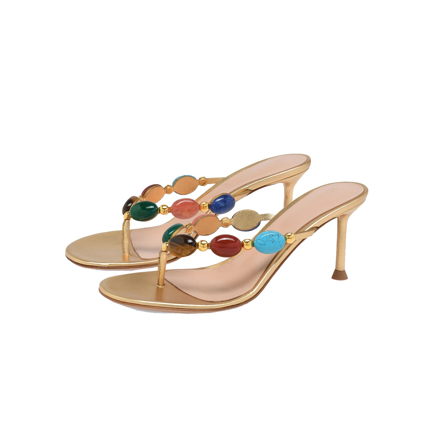 Metallic Gold Square-Toe Colorful Crystals Backless Kitten Heels