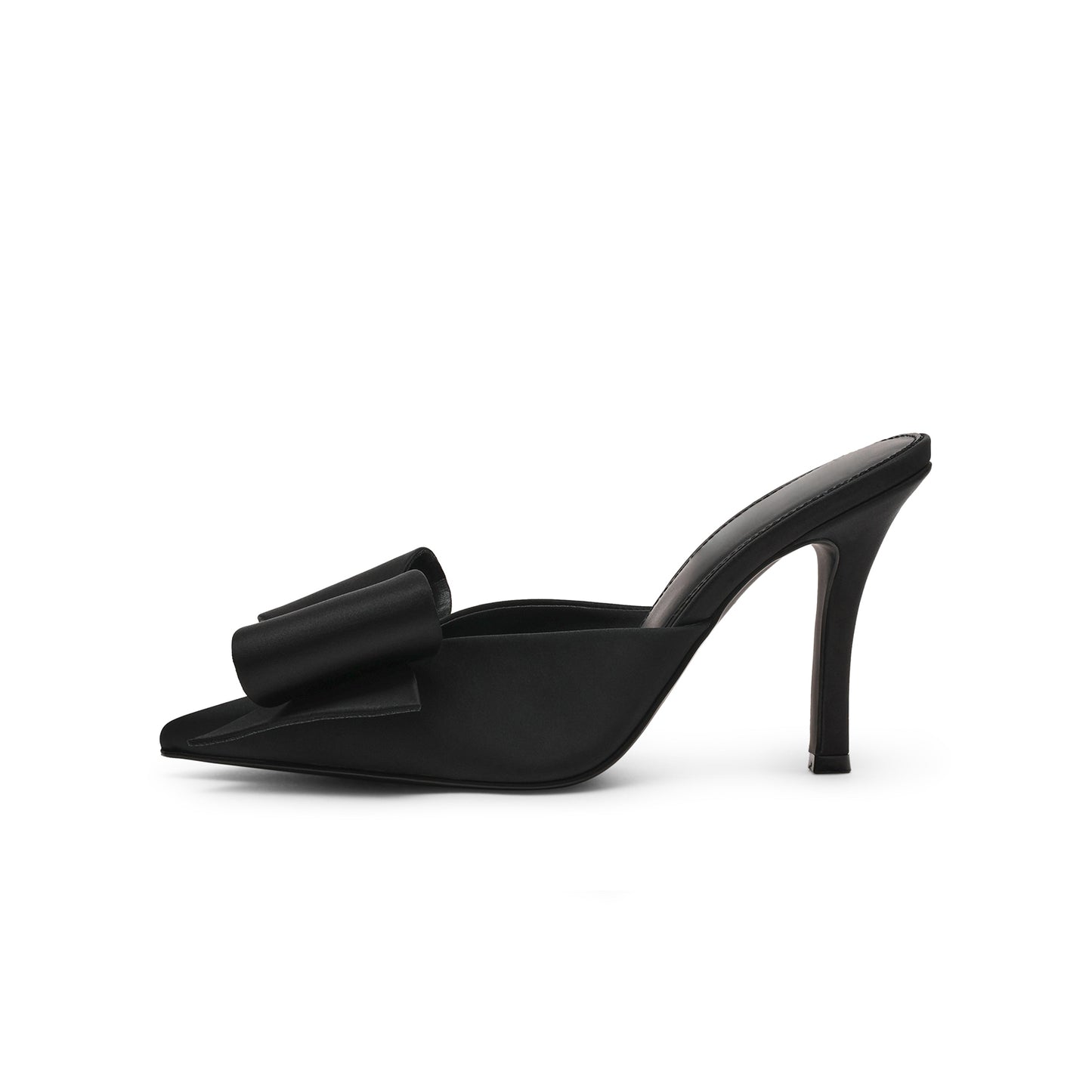 Black Satin Pointed-Toe Front Big Bow Slip-On Backless High Heels