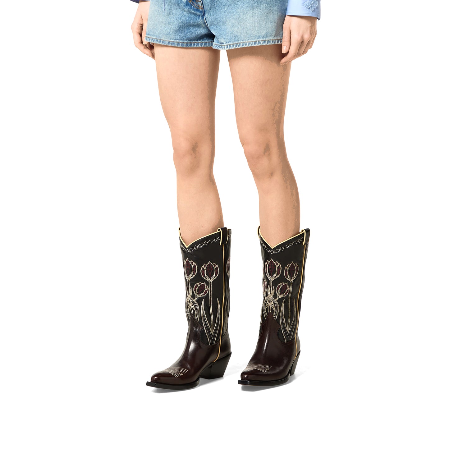Black Snip-Toe Tulips Embroidery Mid Calf Cowgirl Boots