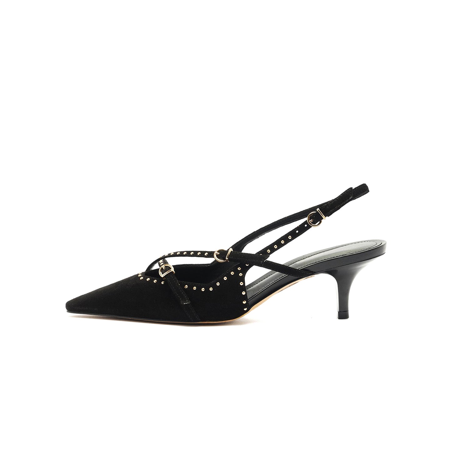 Black Faux Suede Pointed-Toe Studded Strappy Slingback Kitten Heels
