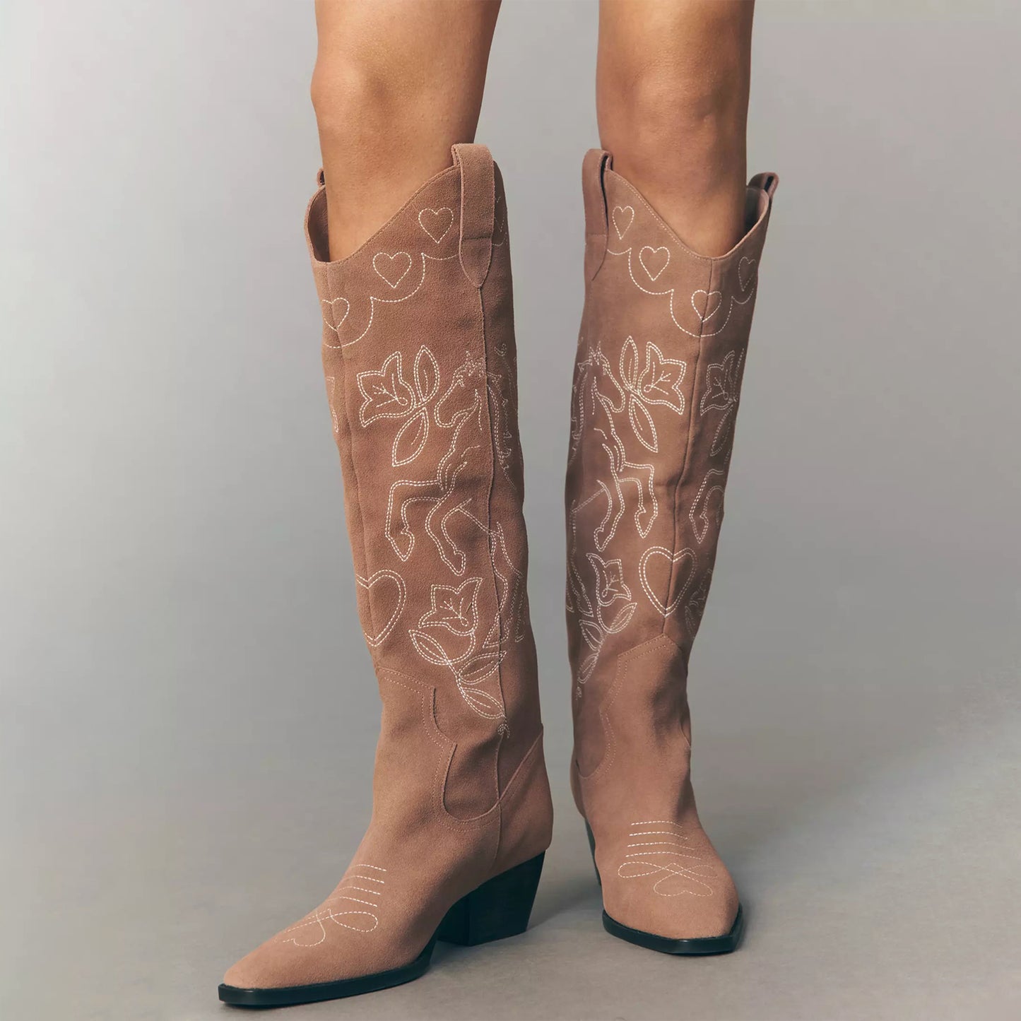Mauve Faux Suede Round-Toe Heart Flowers Horse Embroidery Wide Calf Knee High Cowgirl Boots