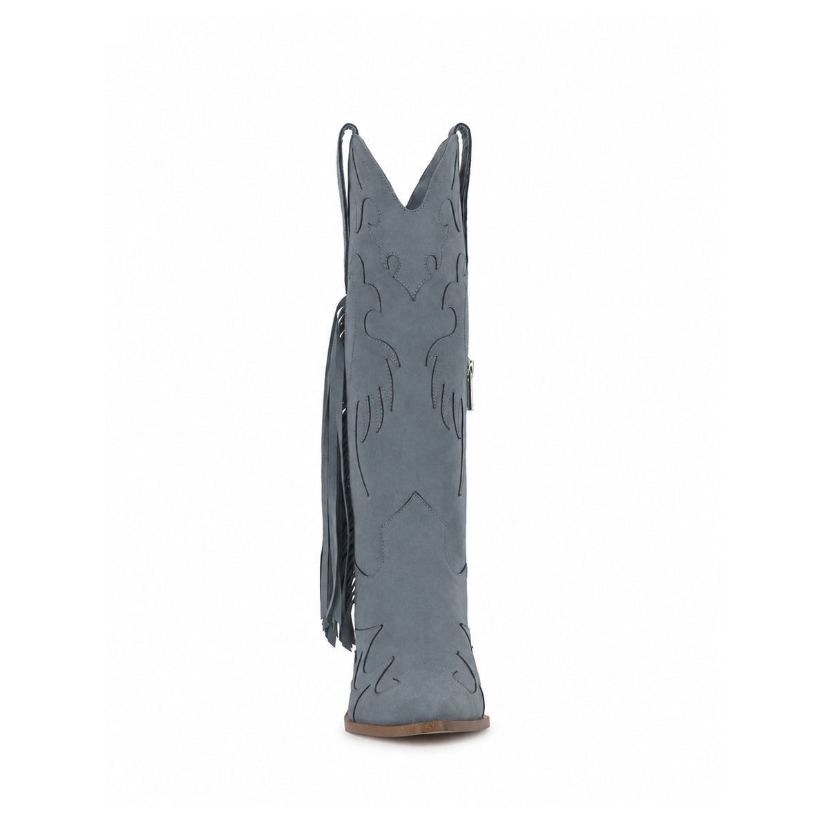 Dark Blue Faux Suede Almond-Toe Applique And Side Fringe Half-Zip Knee High Cowgirl Boots