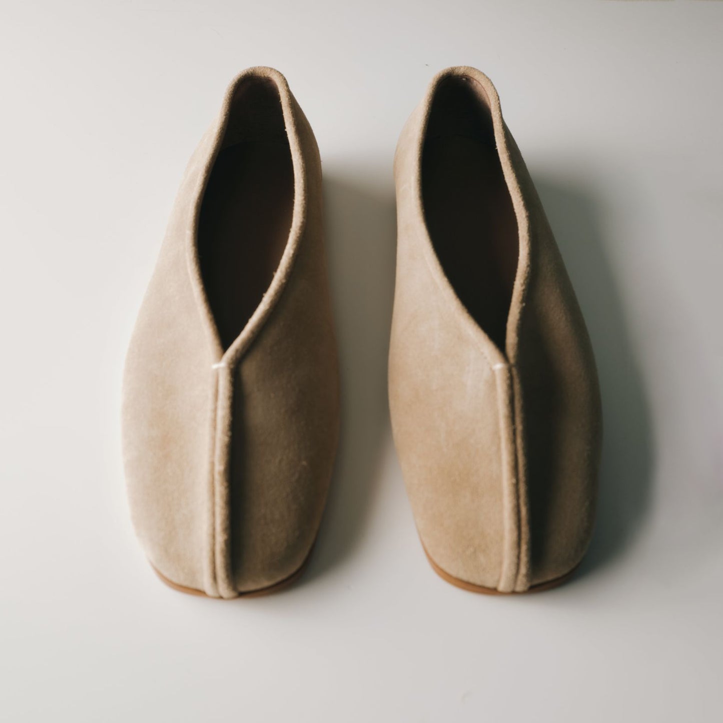 Beige Faux Suede Square-Toe Ballet Classic Flats