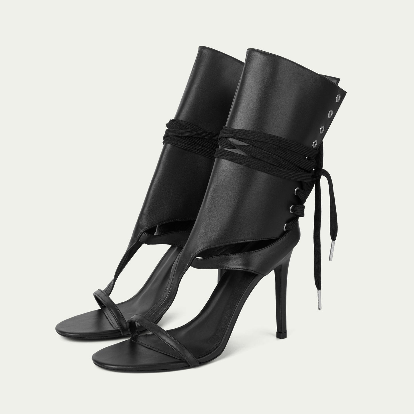 Black Open Round-Toe Back Lace-Up Shaft Stiletto High Heels